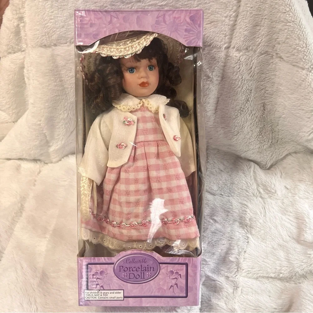 Collectible Porcelain Doll with Brown Curl Hair Pink Dress Straw Hat with Stand - Picture 1 of 13